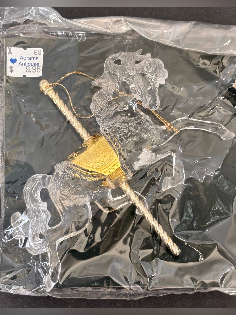 VTG Silvestri Clear Acrylic Carousel Horse Christmas Ornament Gold Details